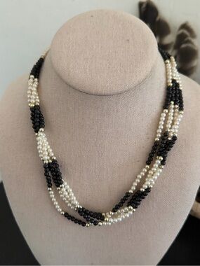 Vintage Black, Faux Pearls & Gold Multi-Strand Beaded Necklace